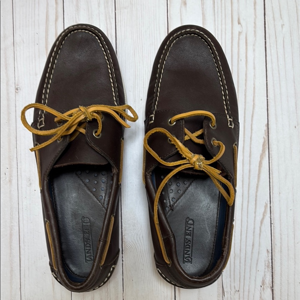 Lands' End Dark Brown Leather Boat Shoes with Tan Laces